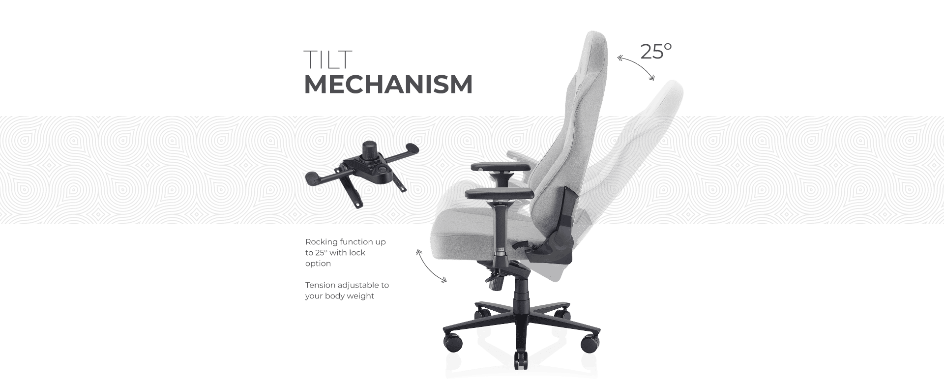 Tilting mechanism adjustable up to 25&deg; with locking option